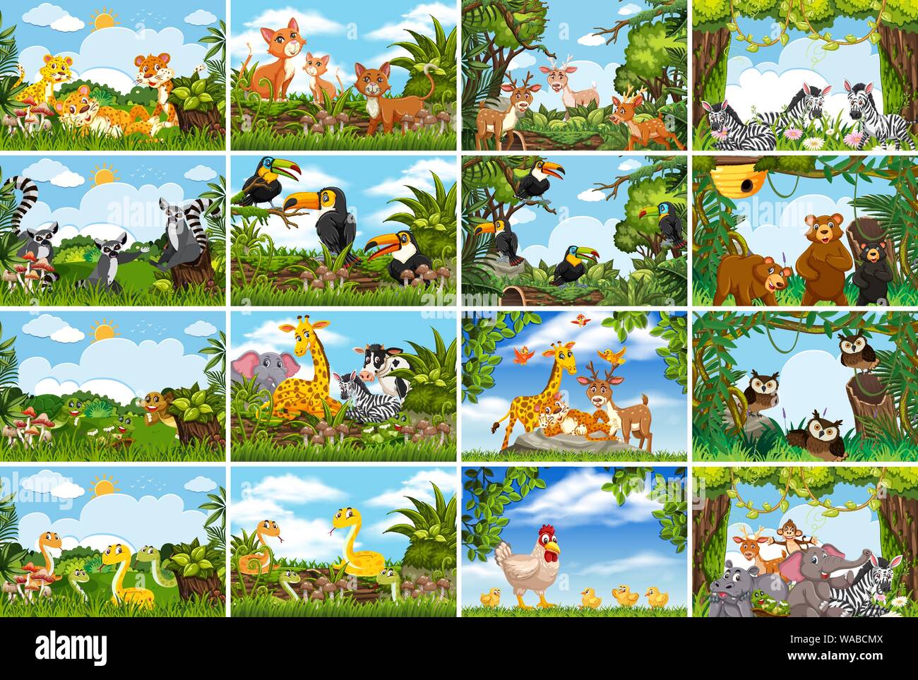 Set of various animals in nature scenes illustration Stock Vector