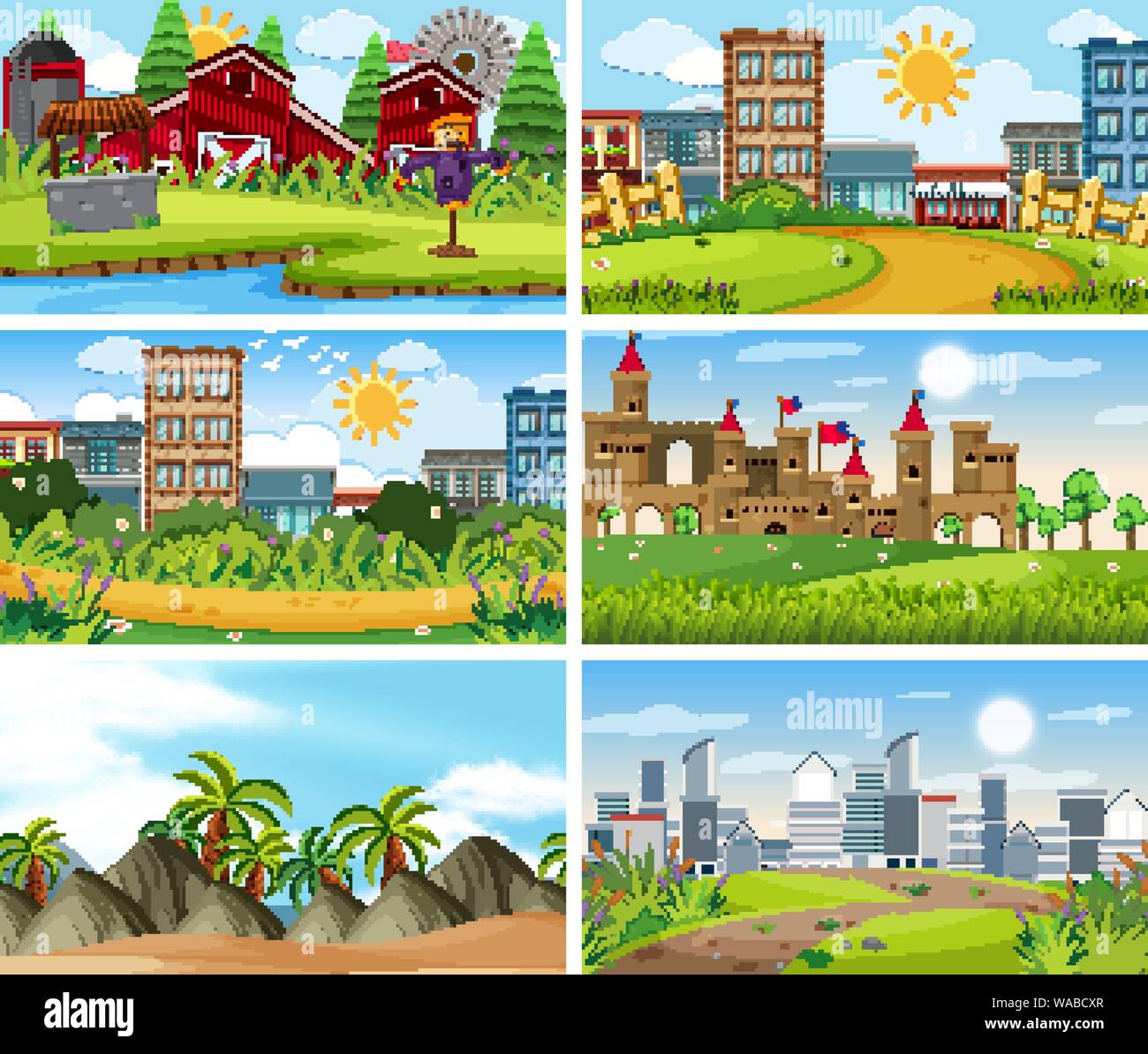 A set of outdoor scene including building illustration Stock Vector ...
