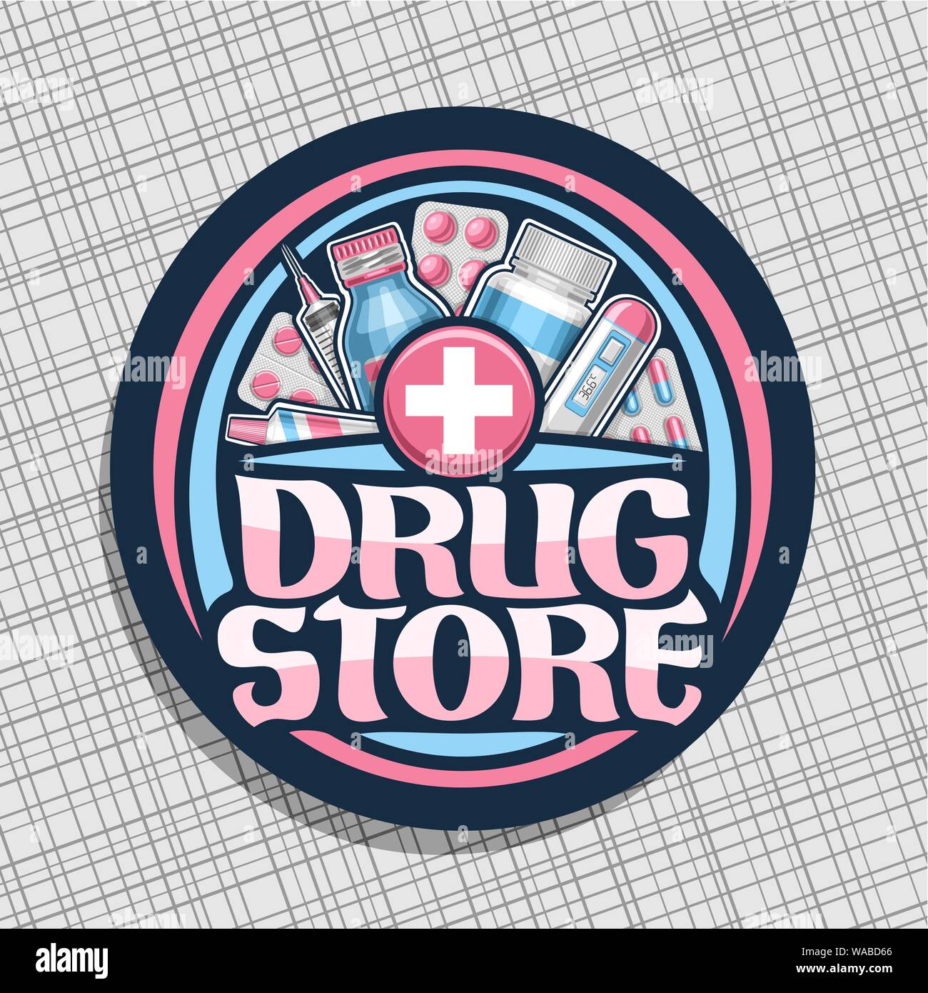 Vector logo for Drug Store, dark badge with blue container, digital thermometer, red aspirin tablets, medical supplies, original brush typeface for wo Stock Vector