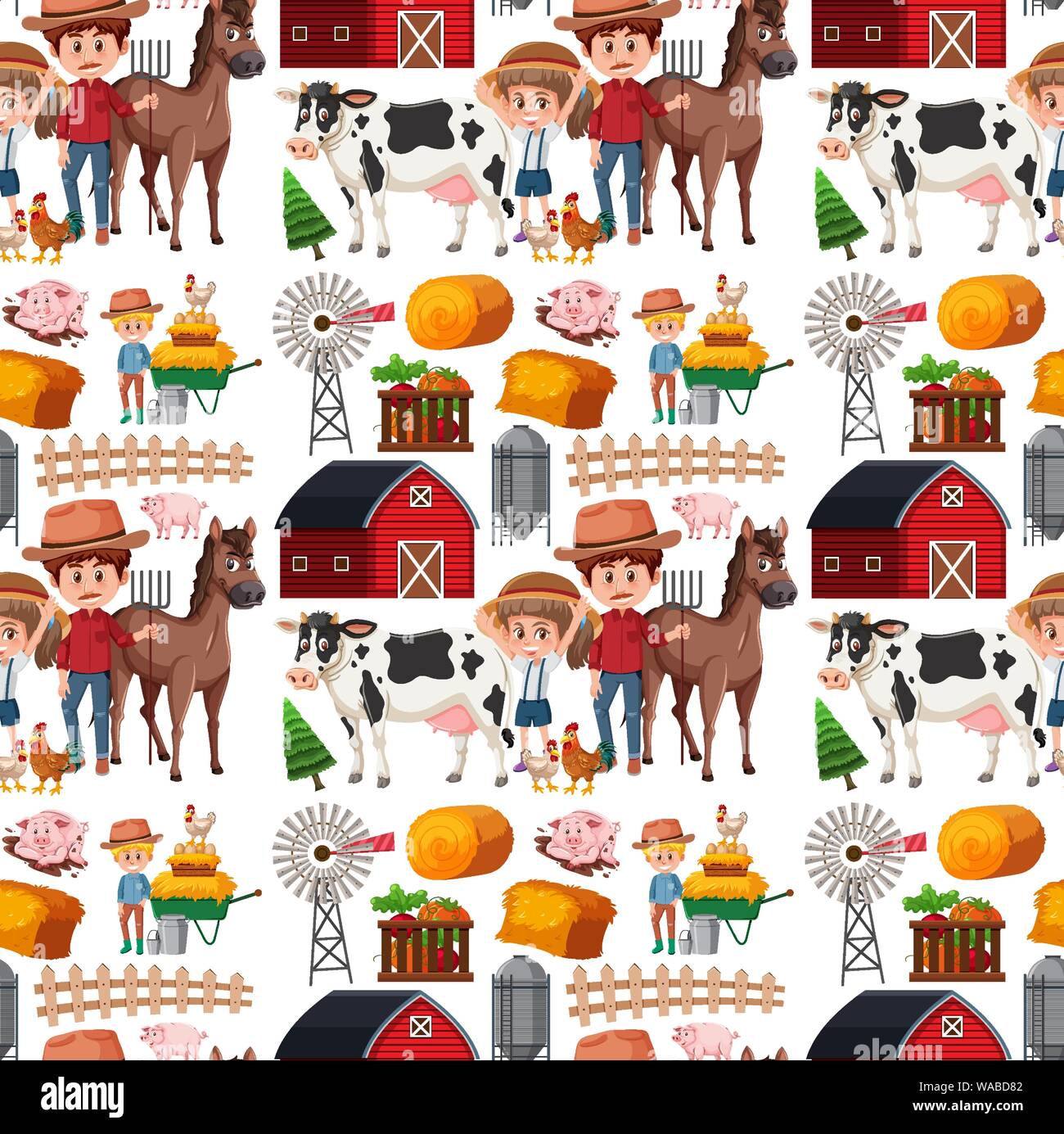 Seamless background design with farmers and animals illustration Stock ...