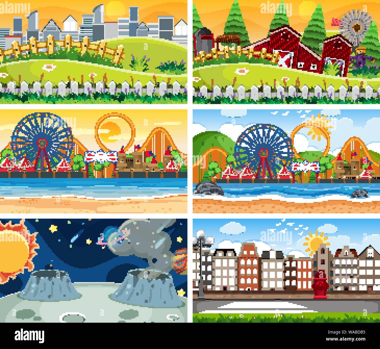 A set of outdoor scene including funfair illustration Stock Vector ...