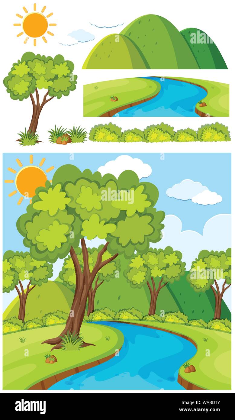 Nature landscape of park with trees and river illustration Stock Vector ...