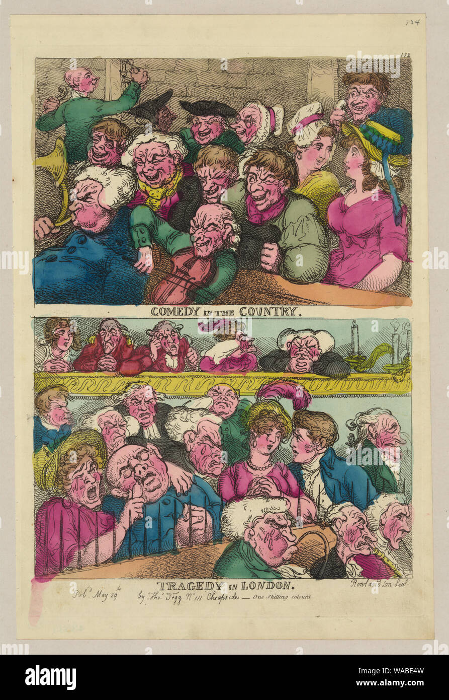 Comedy in the country. Tragedy in London Abstract: Two designs on one plate. Above, two  rows of burlesqued yokels (with two comely women, and an ugly old one), seated behind the orchestra and backed by a rough brick wall...Below, three members of the orchestra play, grotesquely weeping ... (Source: George) Stock Photo