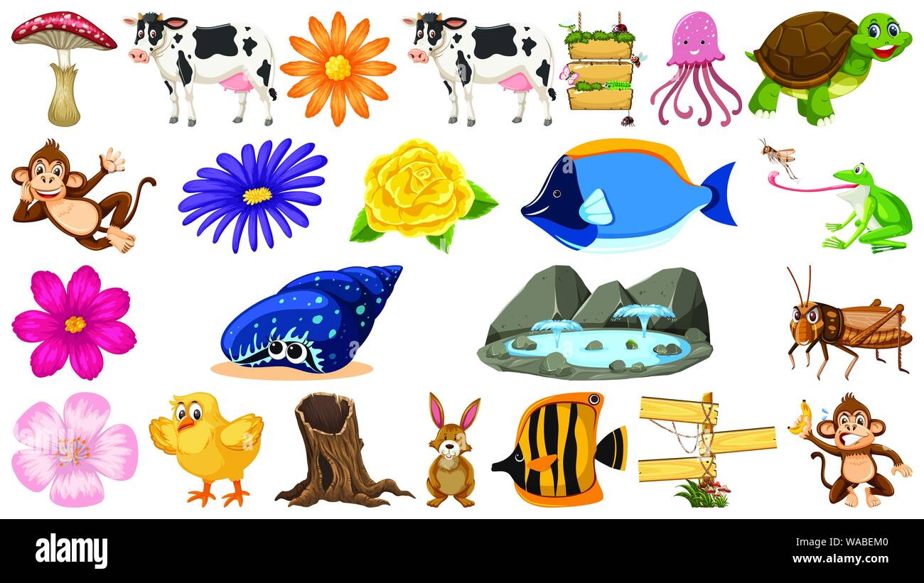 Set of flowers and animals illustration Stock Vector