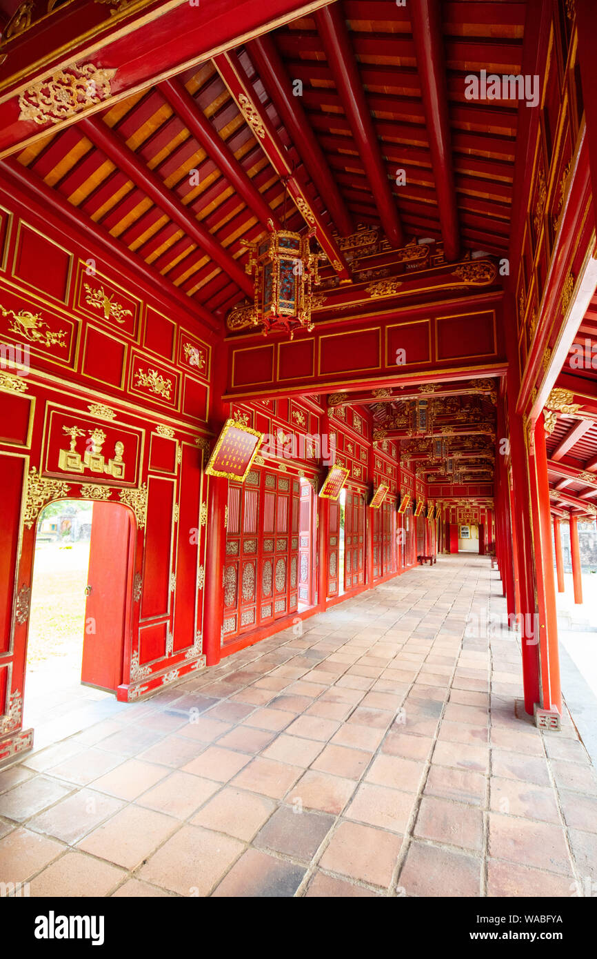 HUE, VIETNAM - SEPTEMBER 20, 2018: The gallery and corridoors of the UNESCO World Heritage site of Imperial Palace and Citadel in Hue, Vietnam Stock Photo