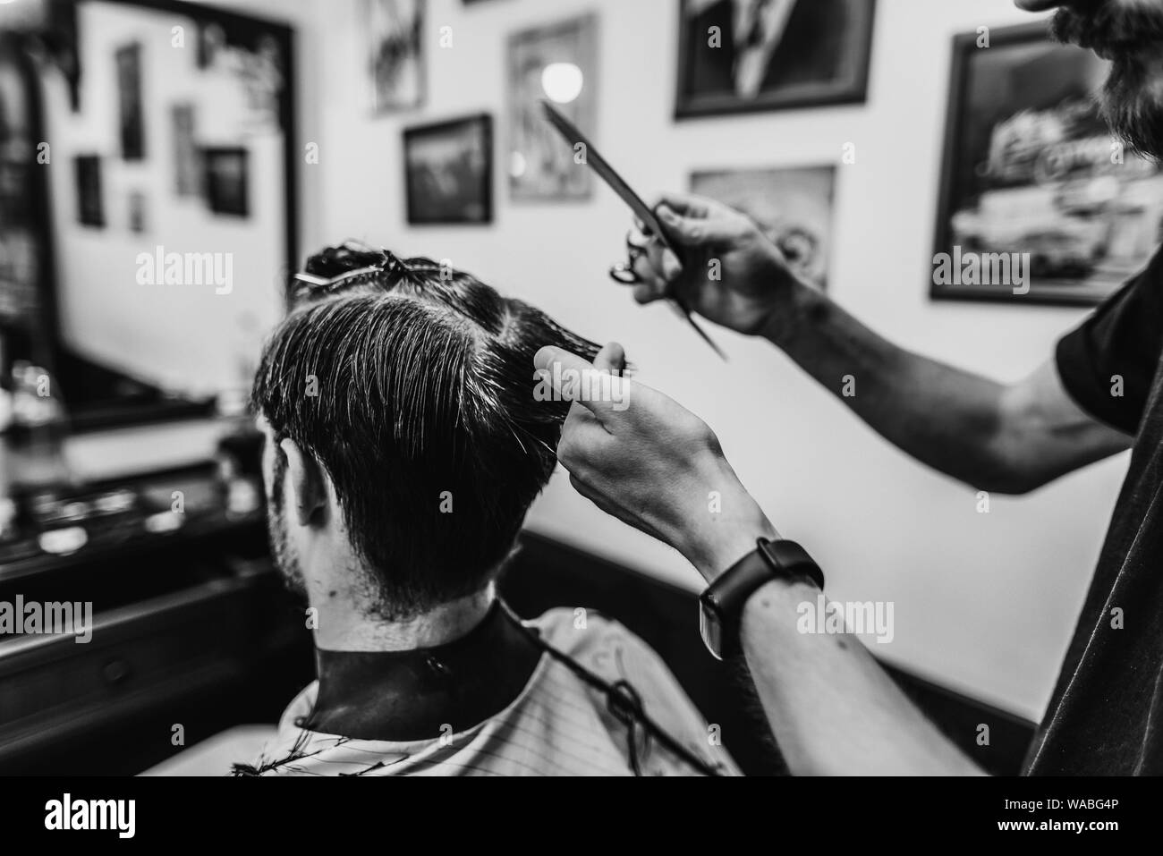 Receiving hairdresser services. Men's haircut. Haircut with scissors. Black and white photo. Stock Photo