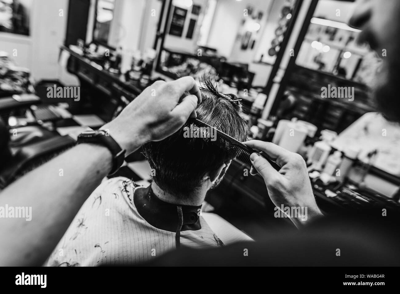 Receiving hairdresser services. Men's haircut. Haircut with scissors. Black and white photo. Stock Photo