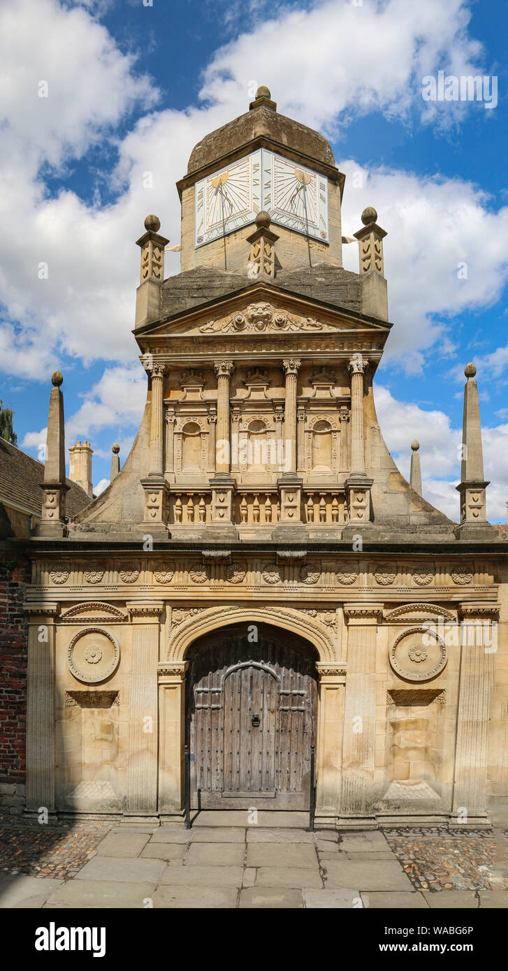 Beauitful side entrance clocktower to Caius Court, part of Gonville & Caius College, University of Cambridge, Senate House Passage, Camrbidge, UK Stock Photo