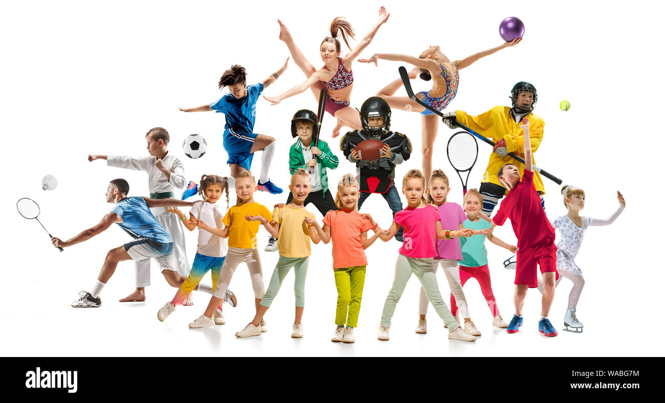 Creative collage of photos of 17 models. Kids in sport. Advertising, sport, healthy lifestyle, motion, activity, movement concept. American football, soccer, tennis volleyball box badminton rugby Stock Photo