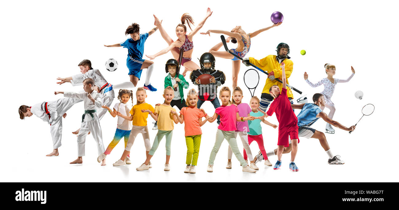 Creative collage of photos of 19 models. Kids in sport. Advertising, sport, healthy lifestyle, motion, activity, movement concept. American football, soccer, tennis volleyball box badminton rugby Stock Photo