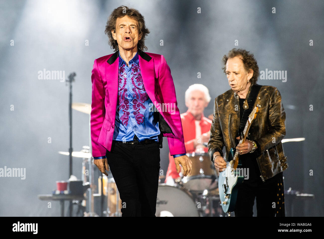 SANTA CLARA, CALIFORNIA - AUGUST 18: Mick Jagger, Charlie Watts and Keith  Richards of The Rolling Stones perform at Levi's Stadium on August 18, 2019  in Santa Clara, California. Photo: Chris Tuite/imageSPACE/MediaPunch