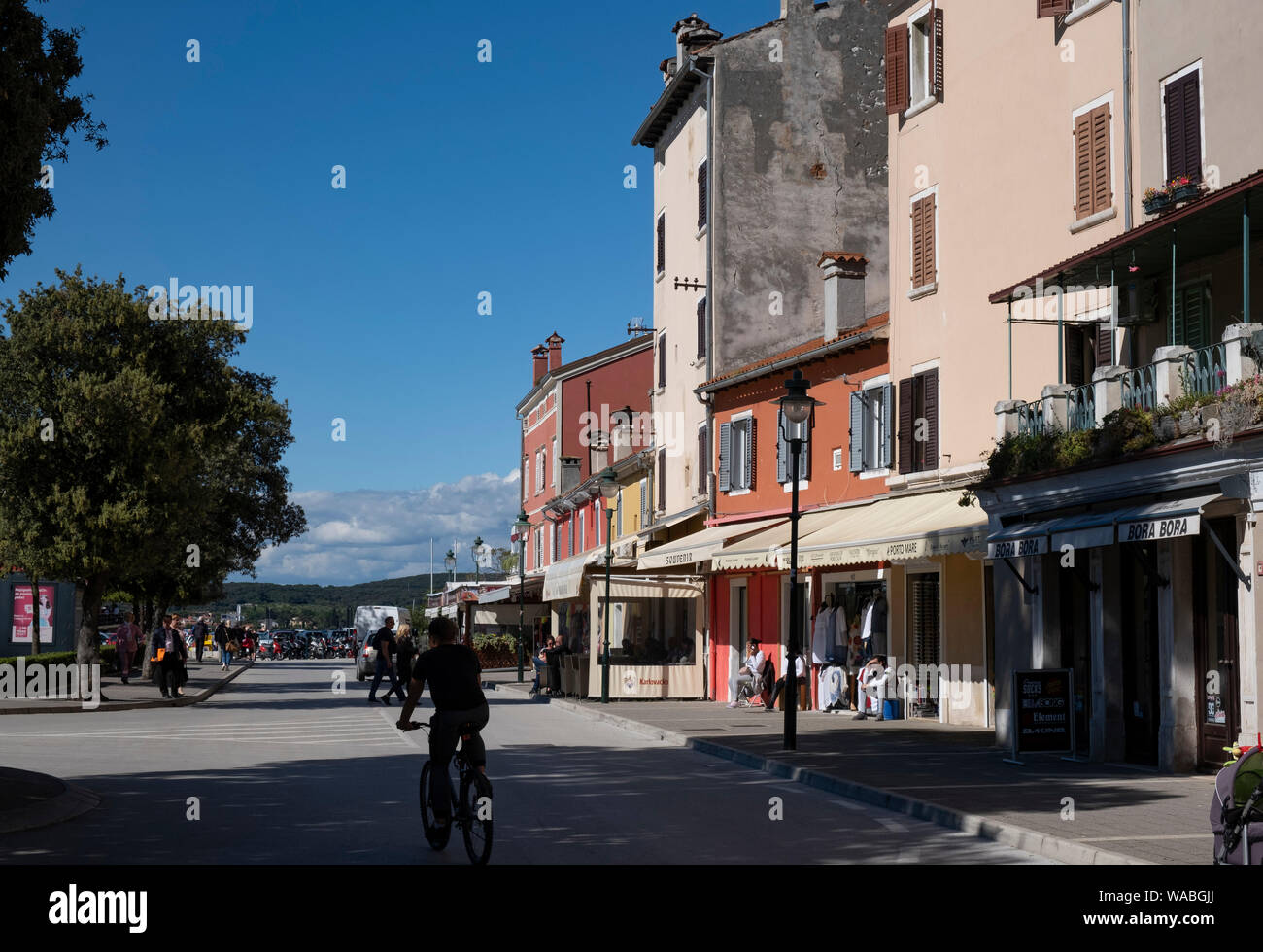 View of shops near street in old town of Rovinj, Istria, Croatia Stock Photo