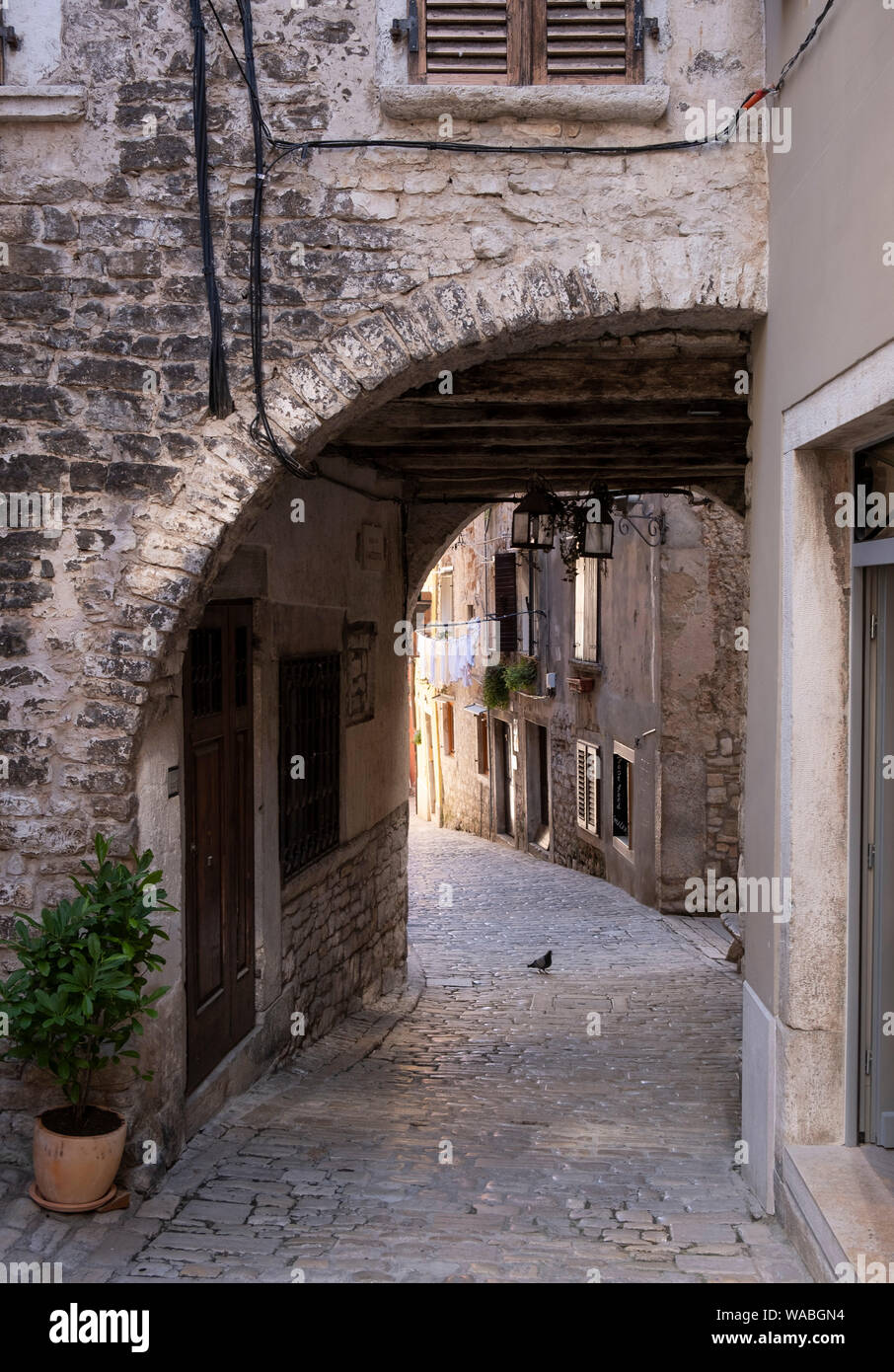 View of empty alley in the old town of Rovinj, Istria, Croatia Stock Photo