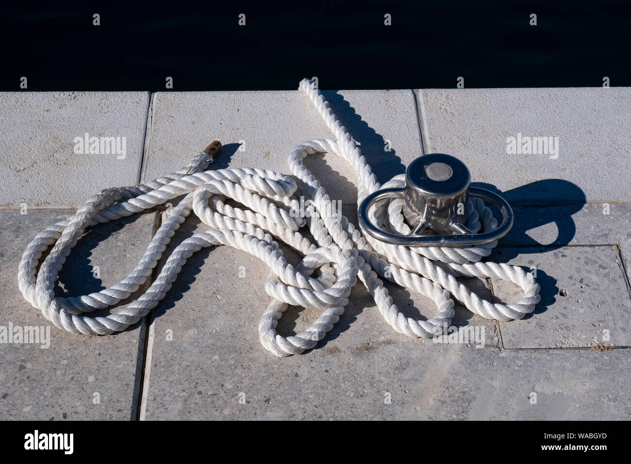 Close up of rope in marina of Rovinj, Istria, Croatia Stock Photo
