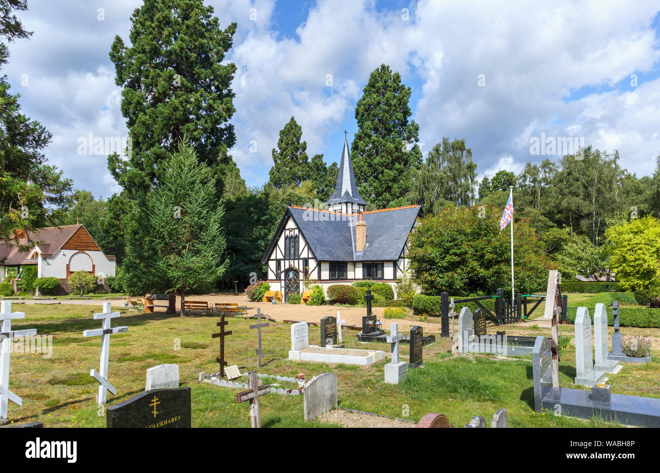 Exterior view of Orthodox Saint Edward Brotherhood monastery, Brookwood Cemetery, near Pirbright and Woking, Surrey, southeast England, on a sunny day Stock Photo