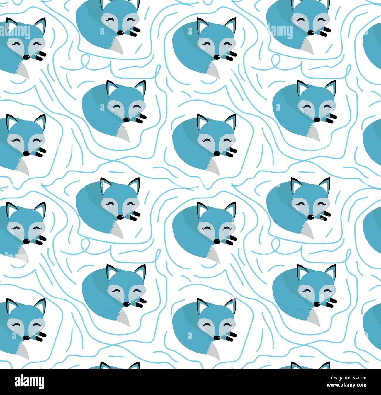 Blue fox seamless pattern. Kids, Baby endless background, repeating texture. Vector illustration. Stock Vector