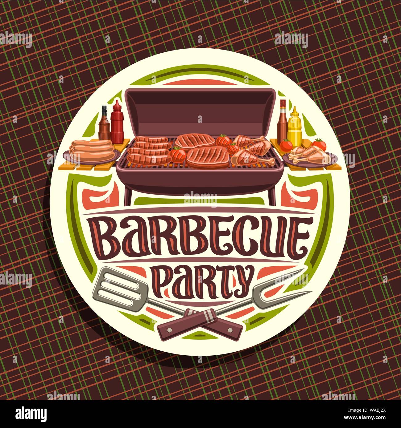 Vector logo for Barbecue Party, white round label with roasted ...