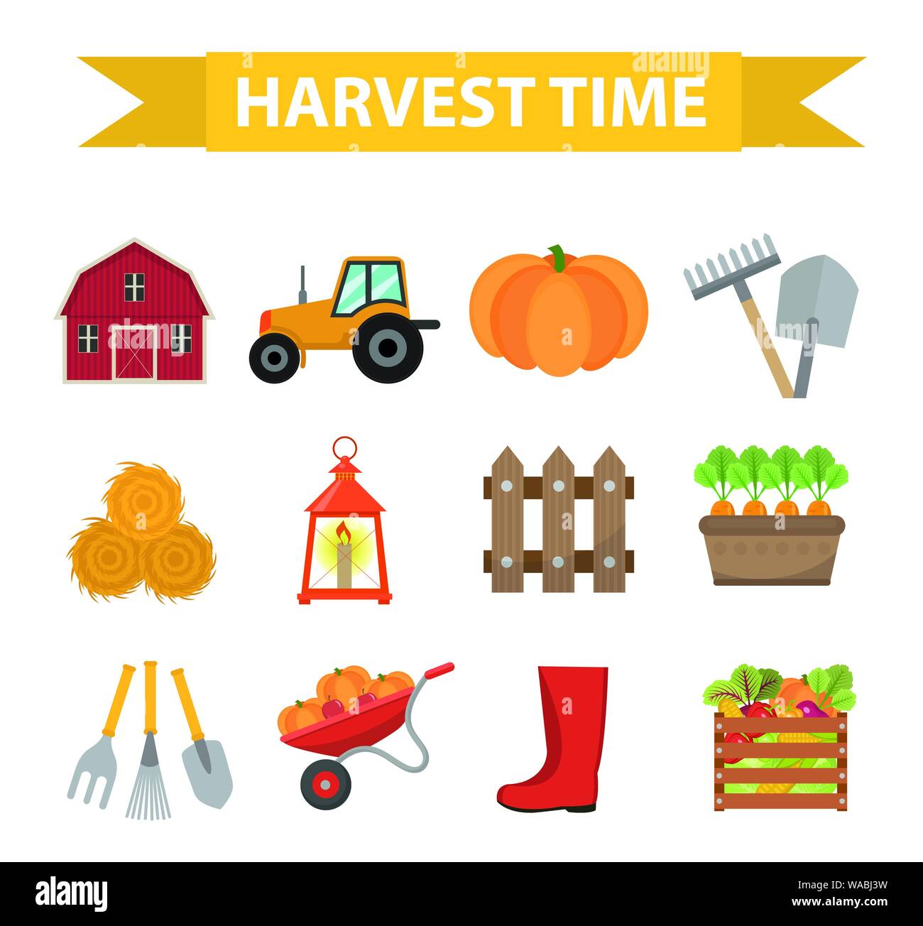 Autumn harvest time icons set flat cartoon style. Harvesting collection