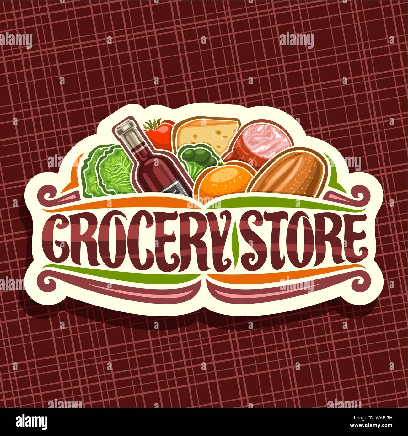 Vector logo for Grocery Store, white decorative signage with heap of
