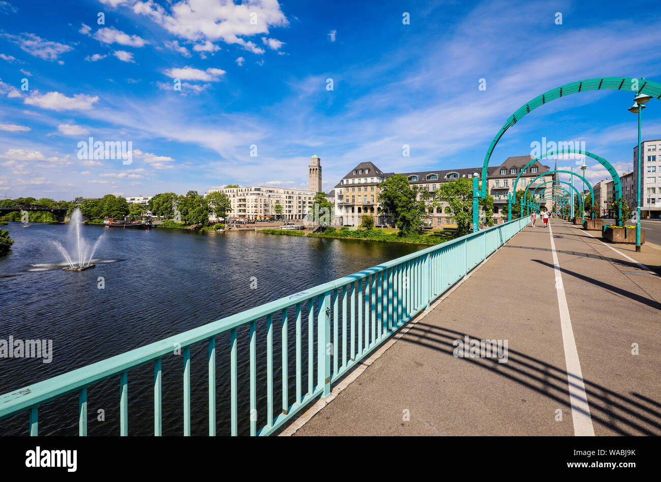 Muelheim an der Ruhr, Ruhr area, North Rhine-Westphalia, Germany - City view with view from the castle bridge over the Ruhr to the city harbour Ruhrba Stock Photo