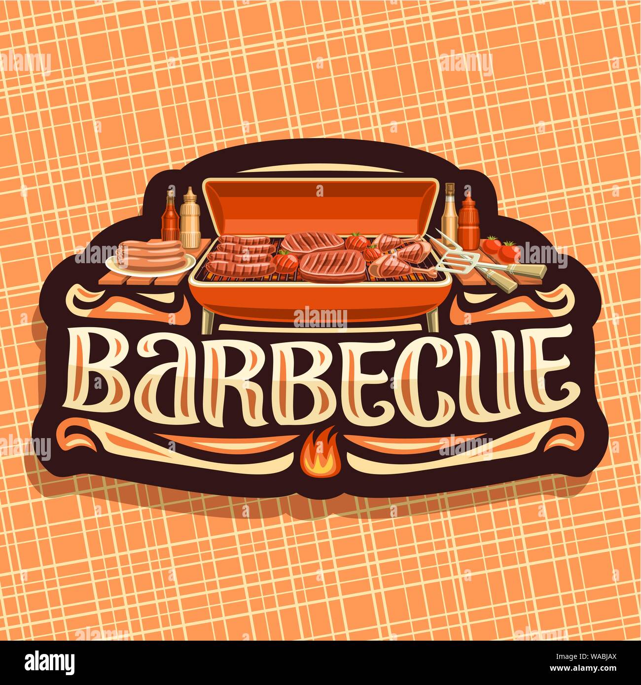 Vector logo for Barbecue, dark vintage label with roasted frankfurters ...