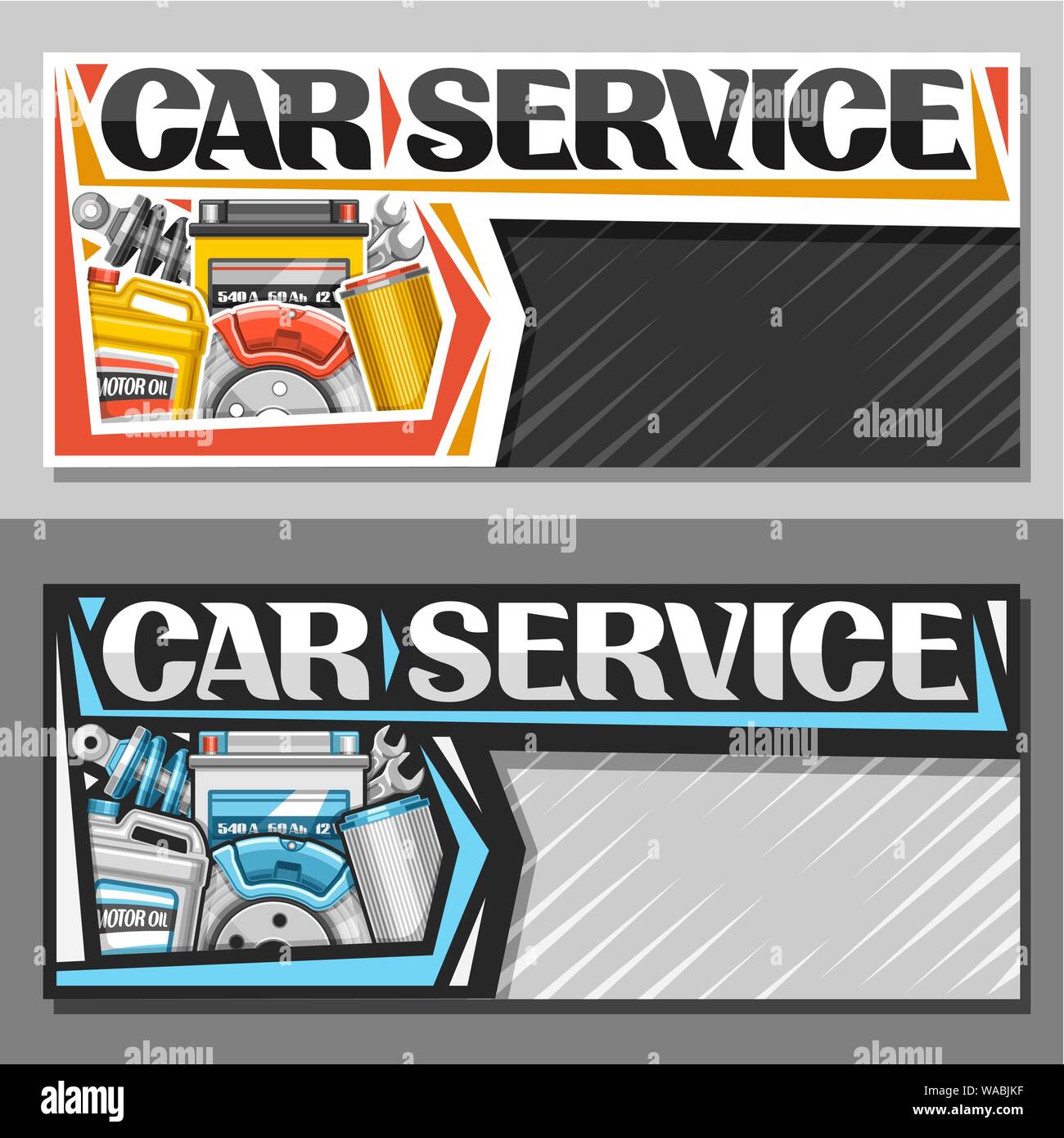 Vector banners for Car Service with copy space, leaflets with set of different auto parts for various mechanic car system, original lettering for word Stock Vector