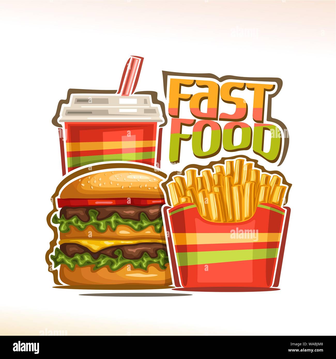 Vector poster for Fast Food, placard with set of fresh cheeseburger with fried steak and salad, french fries in cardboard box, fizzy drink in plastic Stock Vector