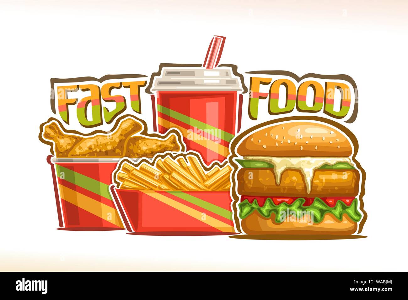 Vector poster for Fast Food, set of fresh chickenburger with fried cutlet and mayonnaise, french fries in cardboard box, fizzy drink in plastic cup, d Stock Vector