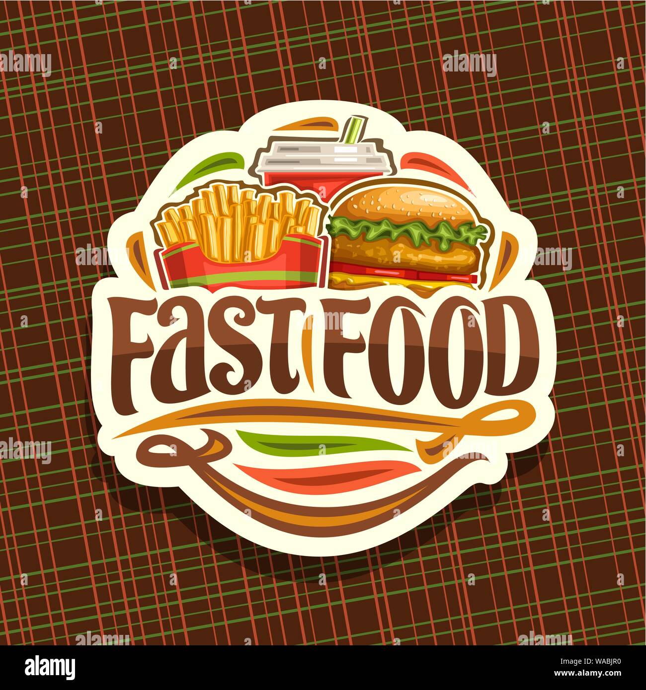 Vector logo for Fast Food, sticker with set of fresh chicken burger with fried cutlet and salad, french fries in cardboard box, fizzy drink in plastic Stock Vector