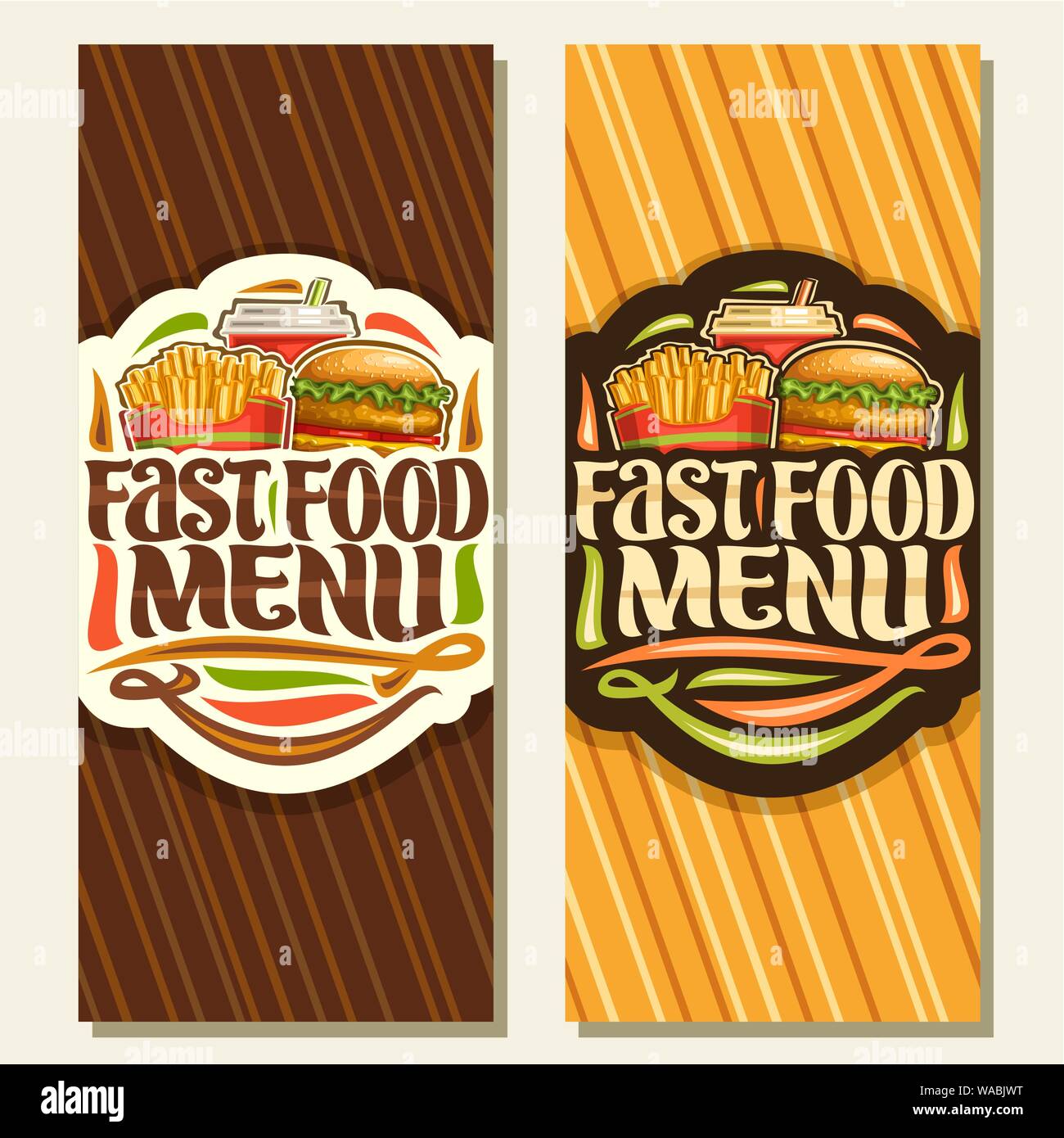 Vector banners for Fast Food, leaflets with set of french fries in cardboard box, fresh chickenburger with fried cutlet & salad, fizzy drink in plasti Stock Vector