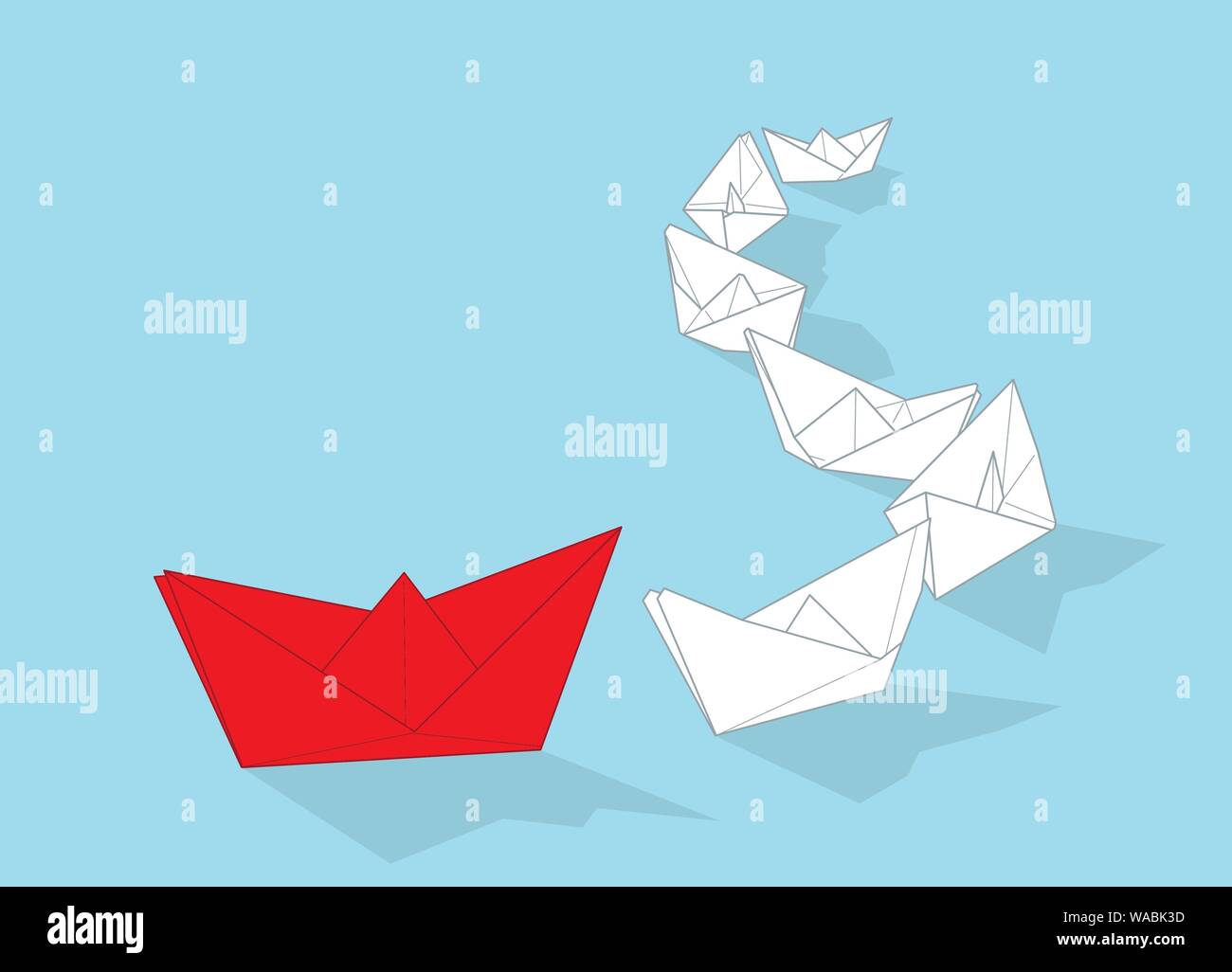 Leadership concept. White paper boats following red one vector illustration. Stock Vector