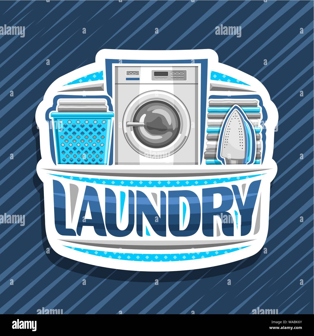 Vector logo for Laundry, white decorative signage with automatic washing machine, blue basket with linens, electric iron and stack of towels, original Stock Vector