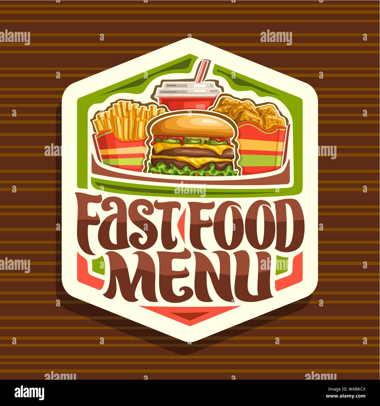 Vector logo for Fast Food, set of french fries in paper cup, fresh cheeseburger with fried steak and salad, pieces of chicken nuggets in cardboard box Stock Vector