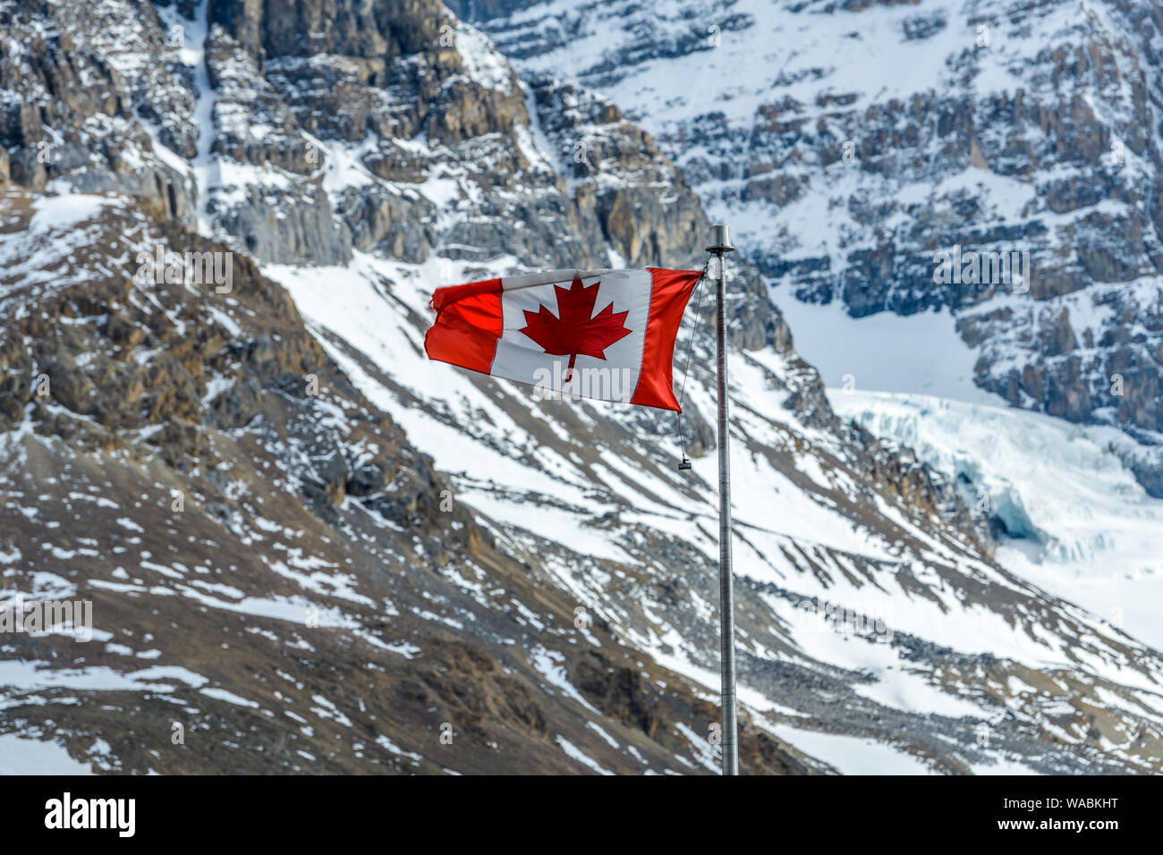 Snow Mountains - A Canadian Maple Leaf National Flag flying at front of snow-covered rocky mountain slopes, Jasper National Park, Alberta, Canada. Stock Photo