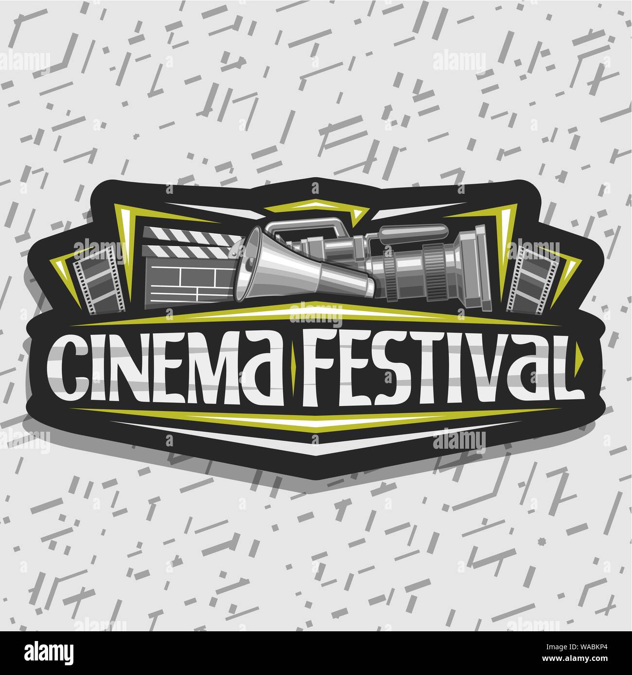 Vector logo for Cinema Festival, black decorative signage with professional film equipment, speaking trumpet, lettering for words cinema festival, ill Stock Vector
