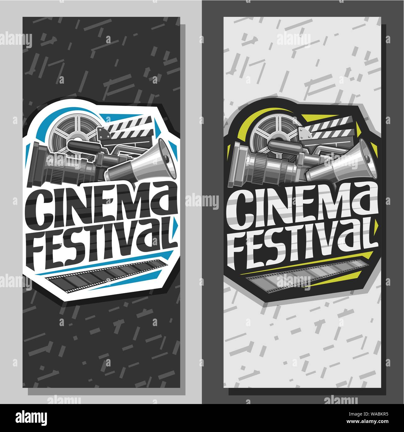 Vector tickets for Cinema Festival, leaflets with professional film equipment and speaking trumpet, original lettering for words cinema festival, illu Stock Vector
