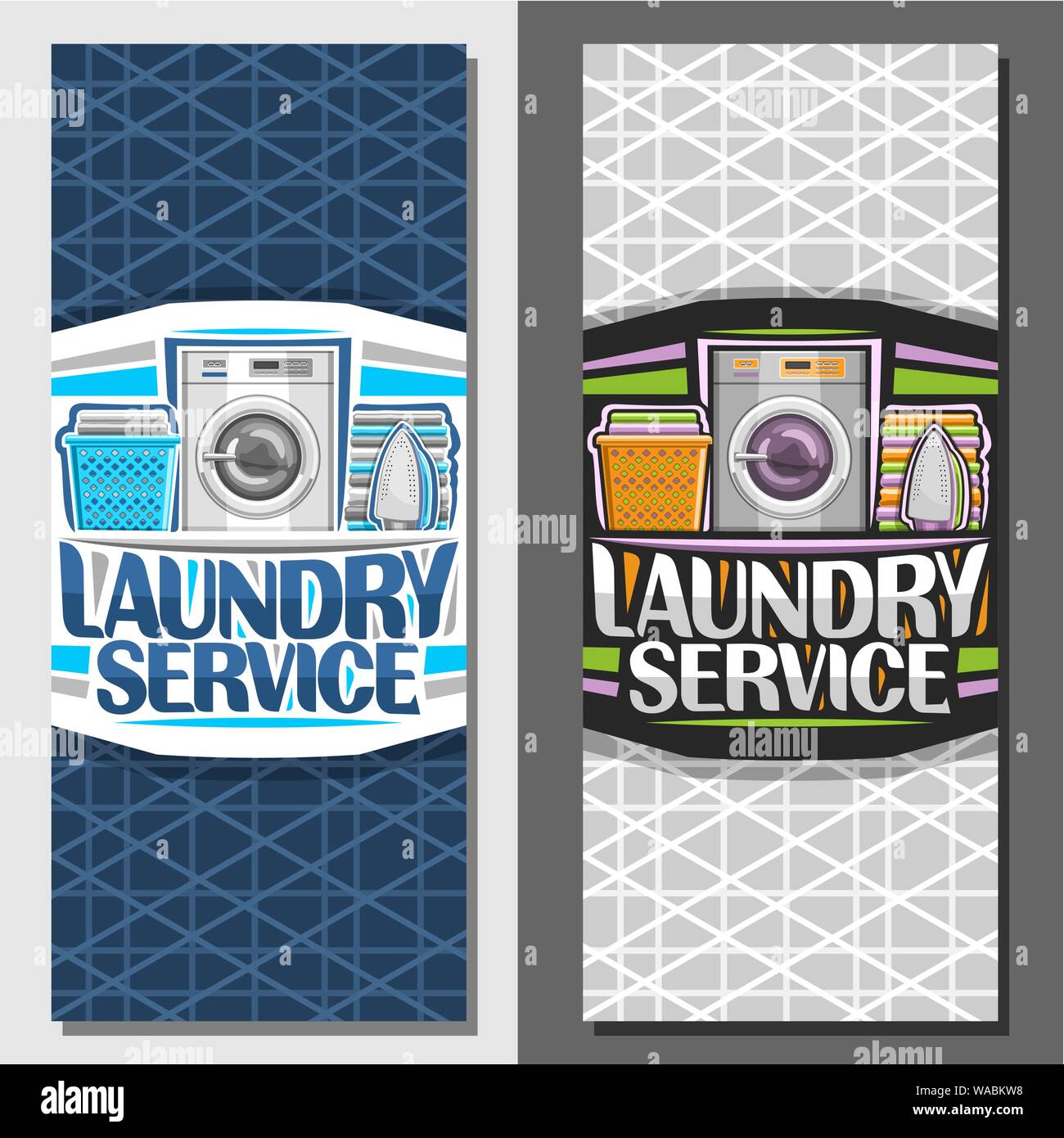 Vector banners for Laundry Service, leaflets with automatic washing machine, basket with linens, electric iron and stack of towels, original typeface Stock Vector