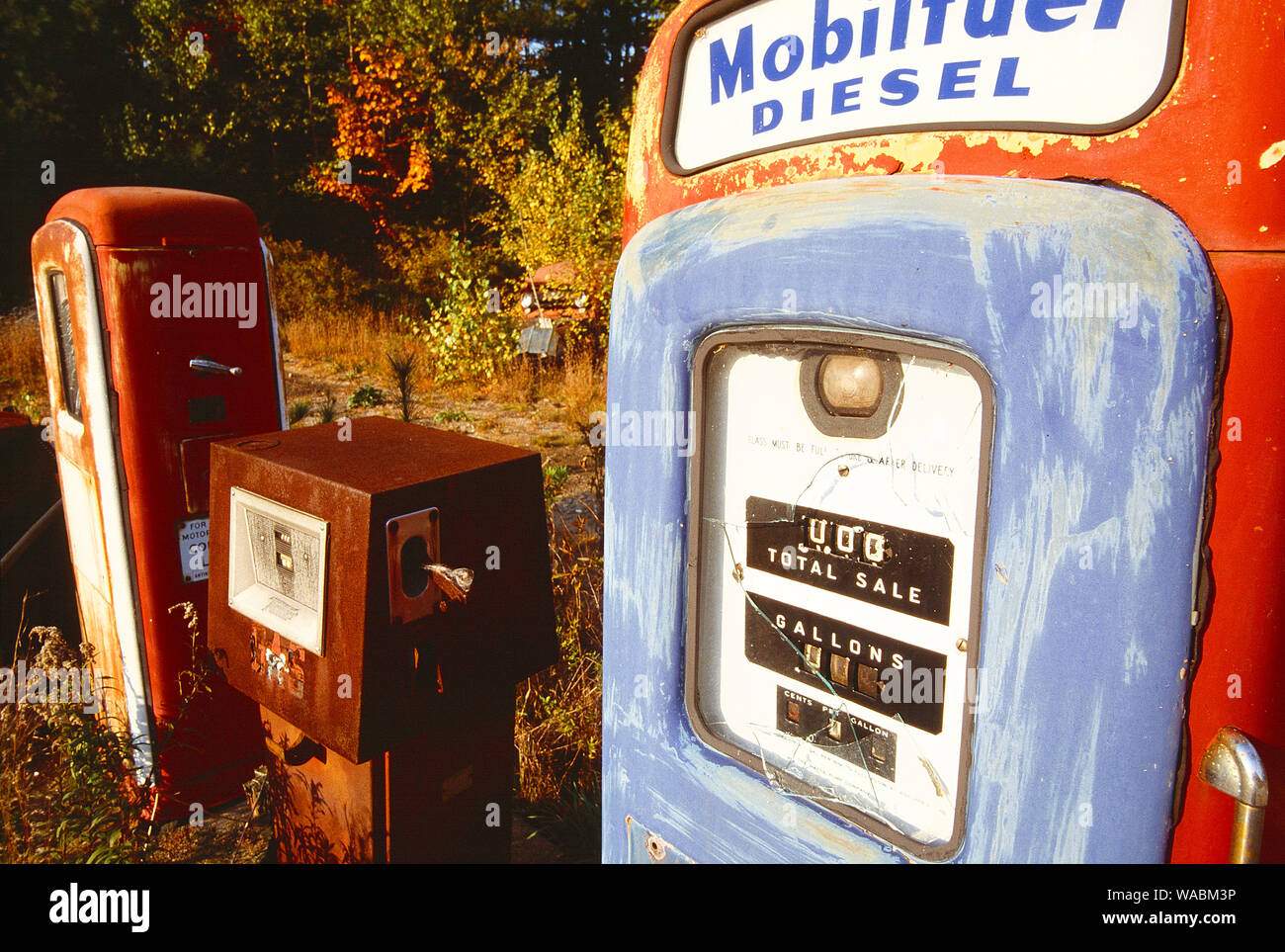 USA. New England. Maine. Close up of derelict motor fuel pumps. Stock Photo