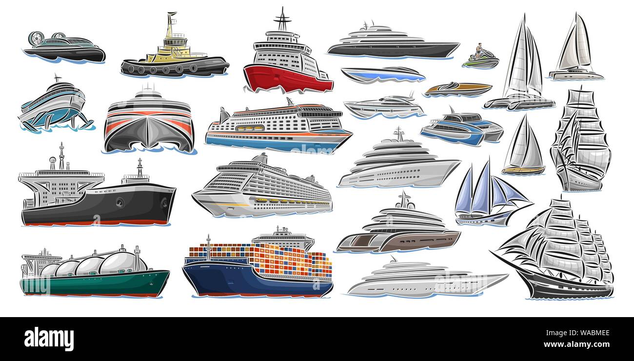 Vector set of different Ships and Boats, collection of isolated water transport icons, cut out design illustration of polar ice breaker, hover craft, Stock Vector