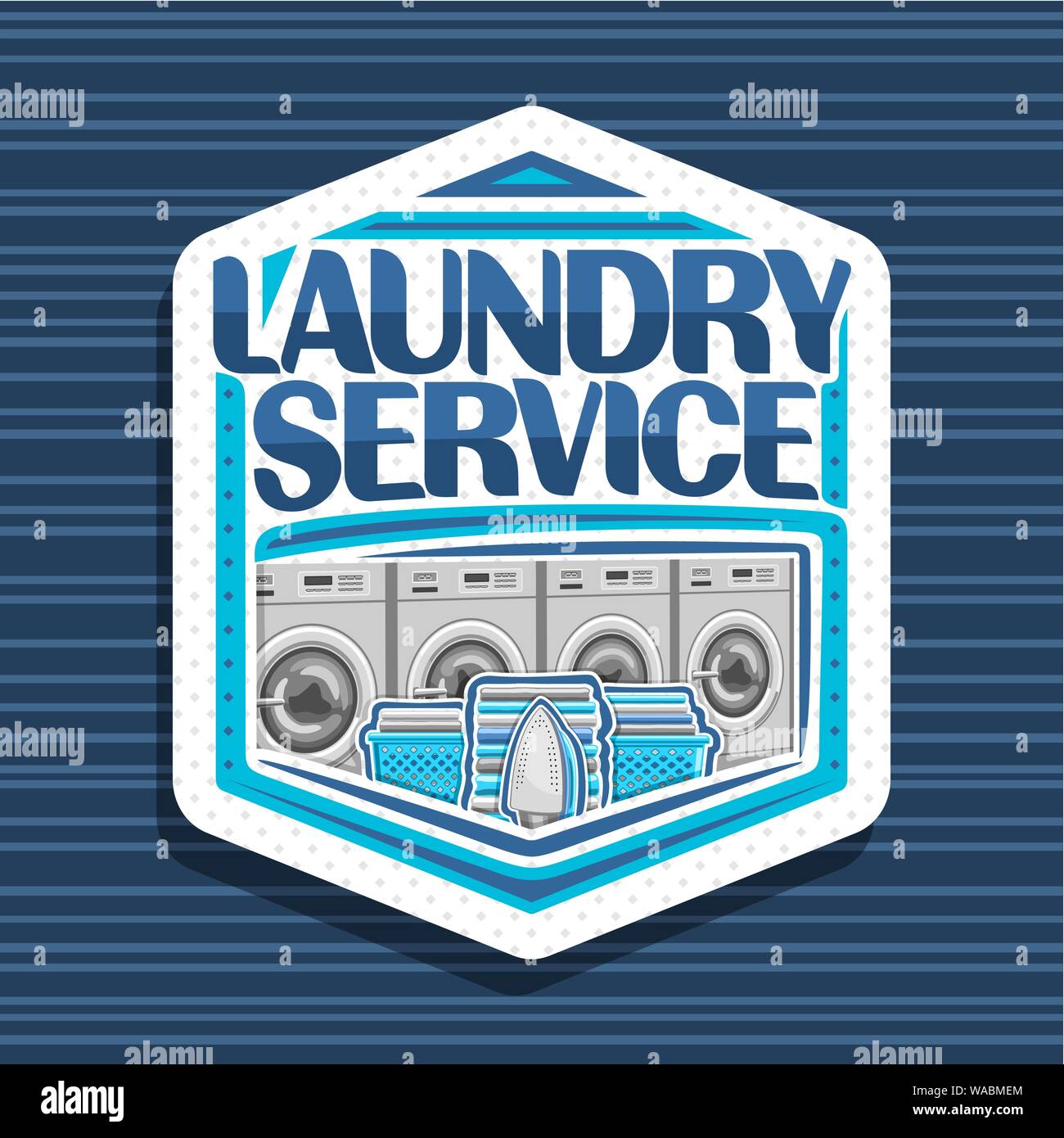 Vector logo for Laundry Service, white hexagonal tag with 4 automatic laundromats in a row, blue baskets with linens, electric iron and stack of towel Stock Vector