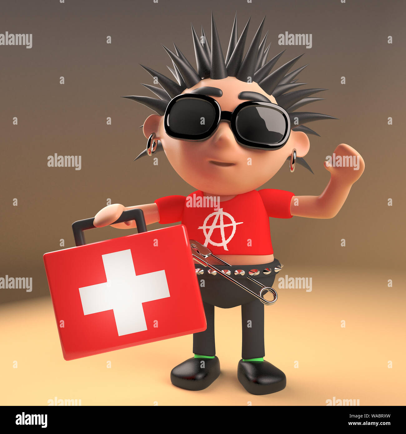 3d funny cartoon punk rocker character carrying a medic's first aid kit, 3d  illustration render Stock Photo - Alamy