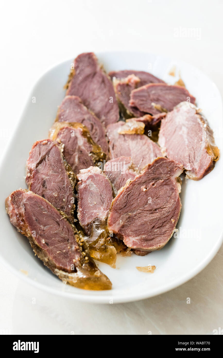 Smoked Meat Veal Cheek Slices on Wooden Board. Ready to Eat. Organic Food Stock Photo Alamy