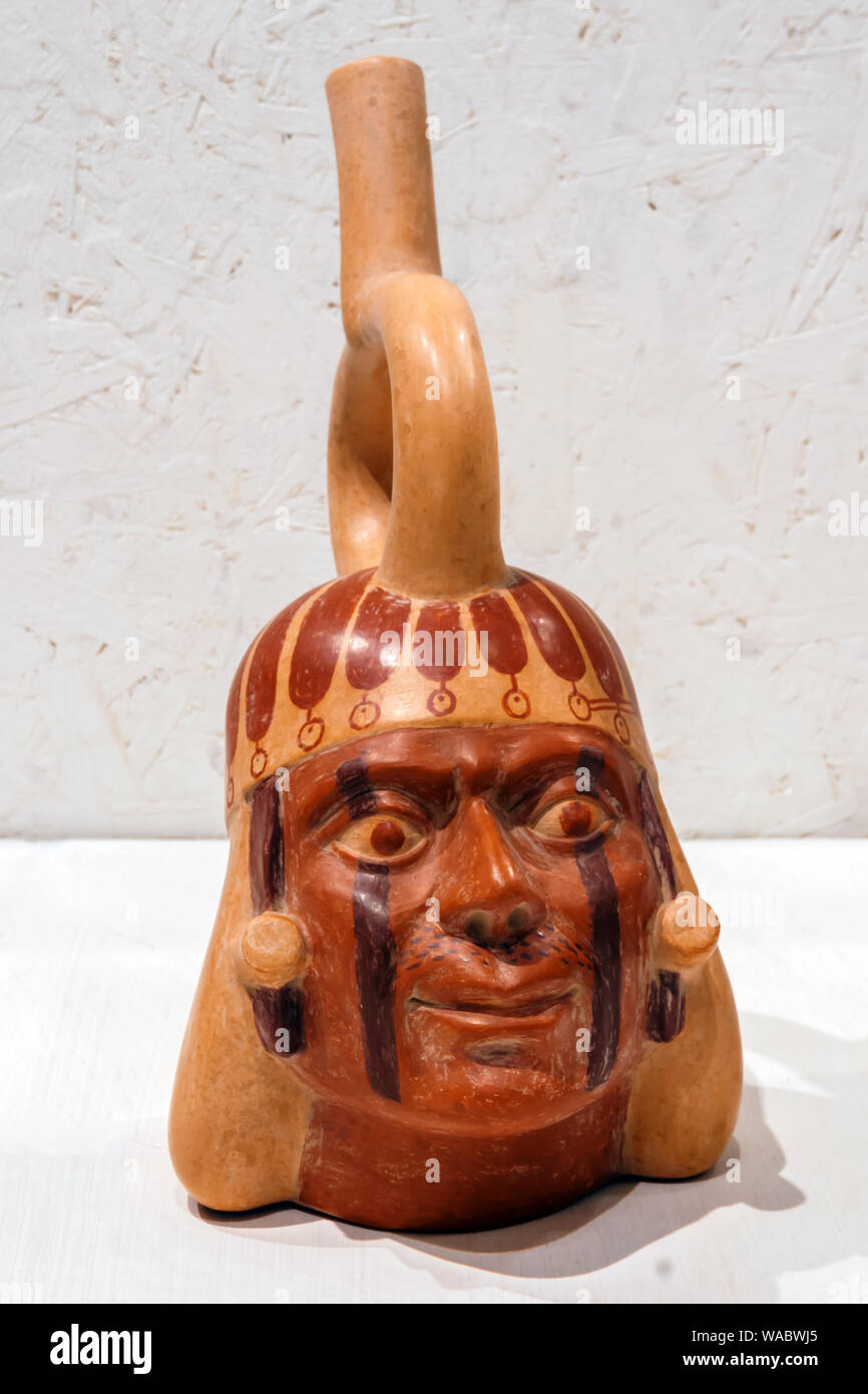 Yekaterinburg, Russia - January 17, 2019: ancient ceramic vessel depicting portrait of a noble man, Moche culture, AD 450-550 Stock Photo