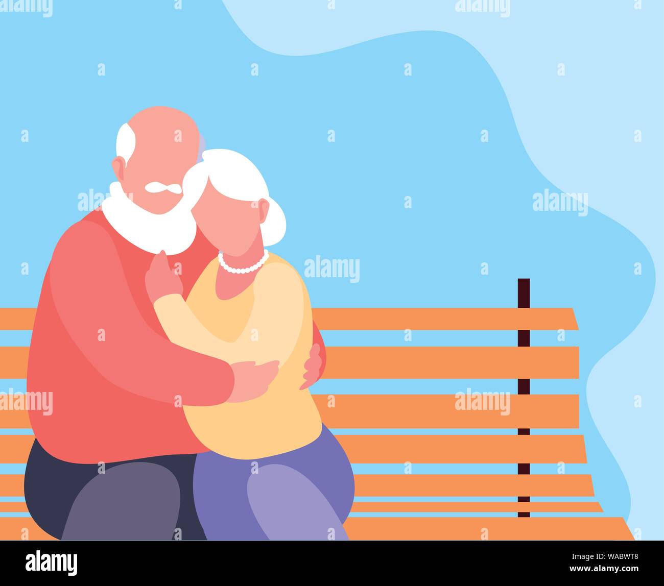 cute old couple seated in chair of park vector illustration design