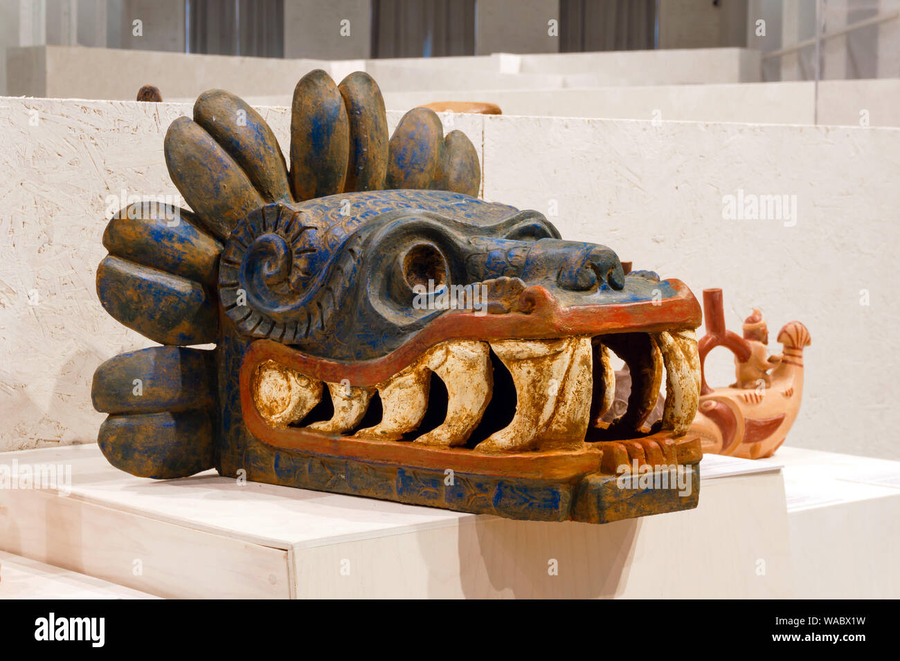Yekaterinburg, Russia - head of Quetzalcoatl from the Pyramid of the Feathered Serpent in Teotihuacan, Mexico, AD 200-300, in the museum Stock Photo