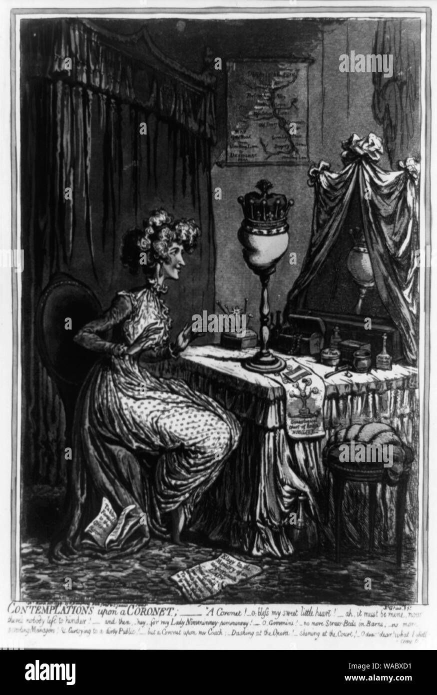 Contemplations upon a coronet Abstract: Miss Farren (left) sits at her dressing-table, contemplating wth rapt admiration an earl's coronet on a wig-block which is a caricature of Lord Derby's head ... (Source: George) Stock Photo