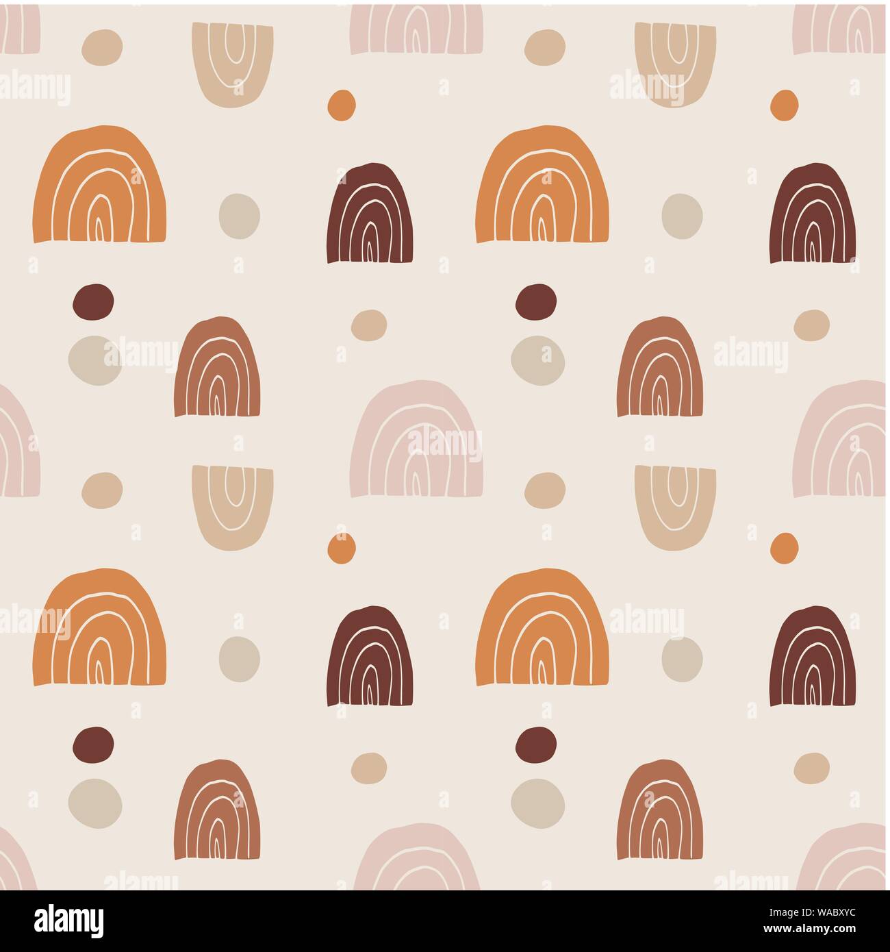 Trendy hand drawn seamless pattern with doodle rainbows and dot circles ...