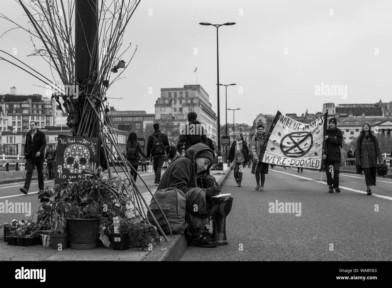Save mother Earth protests in London streets in black in white Stock Photo