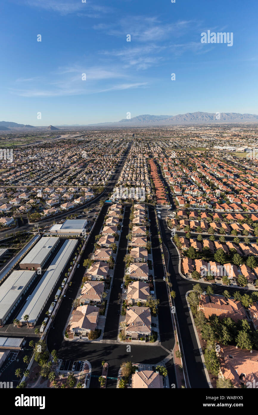 Vertical aerial view of sprawling suburban desert neighborhood in Las Vegas, Nevada. Stock Photo