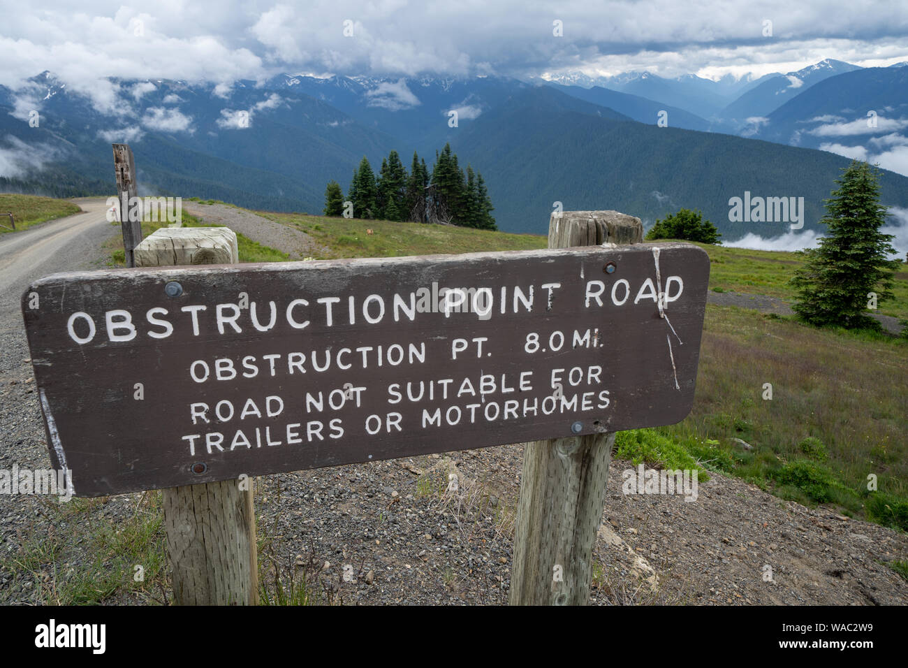 Sign for Obstruction Point Road in Olympic National Park, as seen from Hurricane Ridge. Not suitable for trailers and RVs Stock Photo